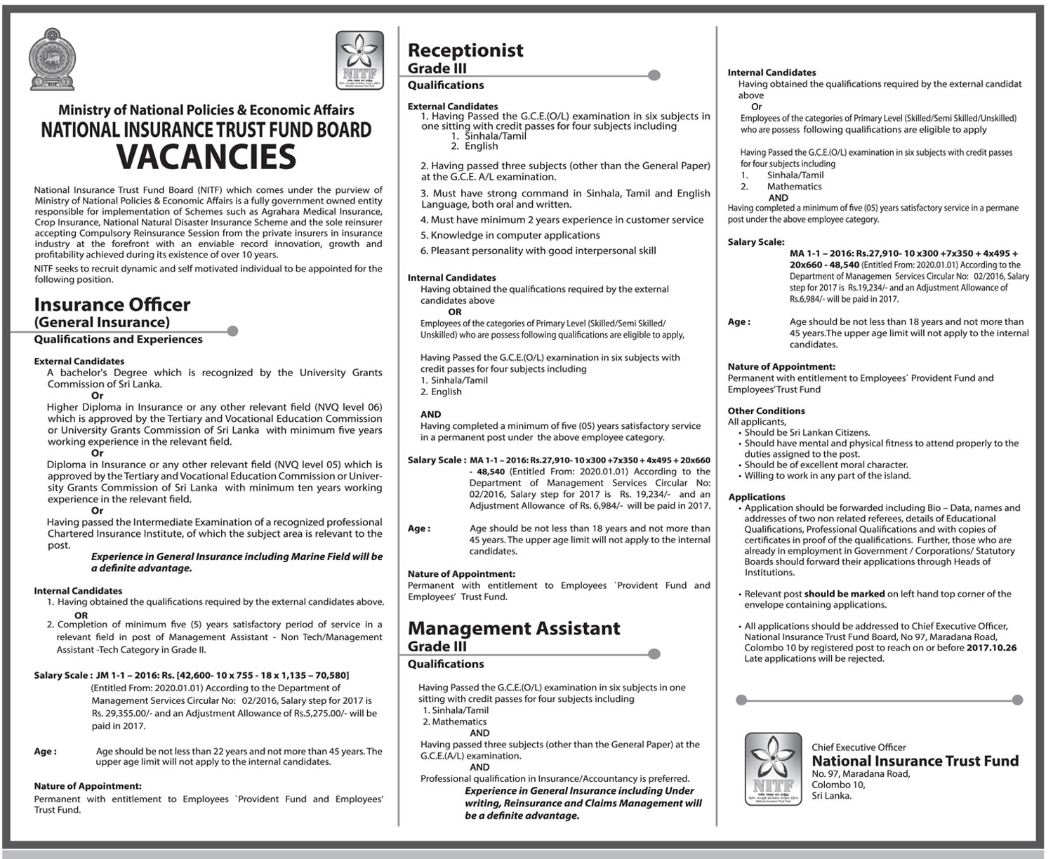 Insurance Officer (General Insurance), Receptionist, Management Assistant - National Insurance Trust Fund